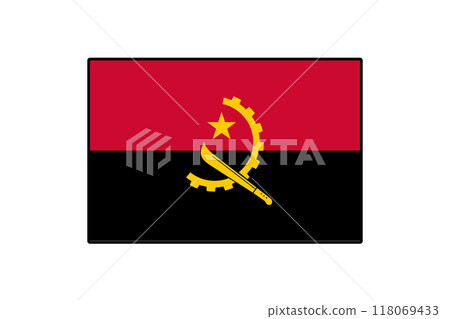 The flag of Angola features bold red and black horizontal stripes with a yellow emblem. The emblem includes a machete, gear, and star, symbolizing the country's heritage and struggle. 118069433