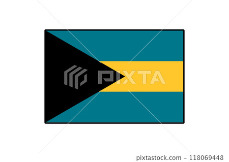 The flag of the Bahamas features a black equilateral triangle on the left, a vibrant yellow stripe in the center, and a rich turquoise background. It symbolizes the nation's cultural identity. 118069448