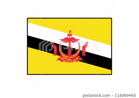 The flag of Brunei features a bold yellow background with black and white diagonal stripes. The national emblem is prominently displayed, showcasing the country's unique cultural identity. 118069468