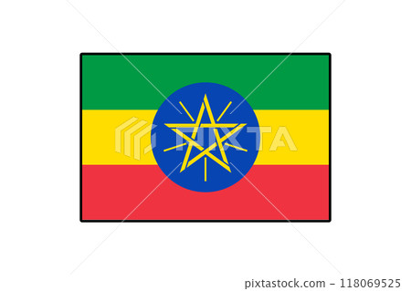 Featuring vibrant colors, the Ethiopian flag includes green, yellow, and red horizontal stripes with a blue circle and a yellow star at its center, symbolizing unity and diversity. 118069525