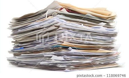 A towering pile of assorted papers, including documents and forms, lies haphazardly on a clean white surface, creating an overwhelming sense of clutter in the office 118069746