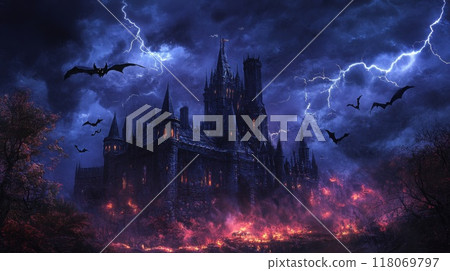 A Haunted Castle Surrounded by Fire Under a Stormy Sky A Haunted Castle Surrounded by Fire Under a Stormy Sky 118069797