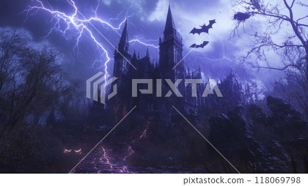 A Gothic Castle Bathed in Thunderstorm Light A Gothic Castle Bathed in Thunderstorm Light 118069798
