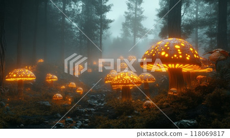 Glowing Mushrooms in a Foggy Forest 118069817