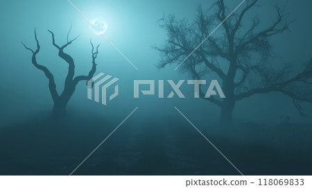 Two Silhouetted Trees and a Grinning Moon in Foggy Night 118069833