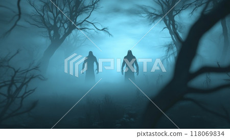 Two Figures in Foggy Forest 118069834