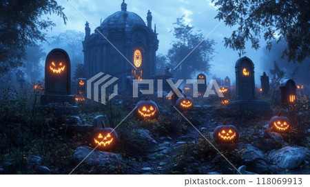 Spooky Halloween Graveyard with Jack-O'-Lanterns and a Gothic Chapel 118069913