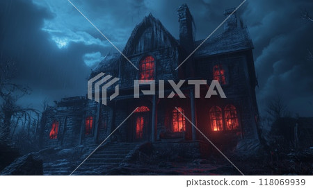 Glowing Windows of a Haunted House on a Rainy Night 118069939