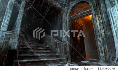 Abandoned, Cobweb-Covered Staircase Leading to an Eerie Doorway 118069976