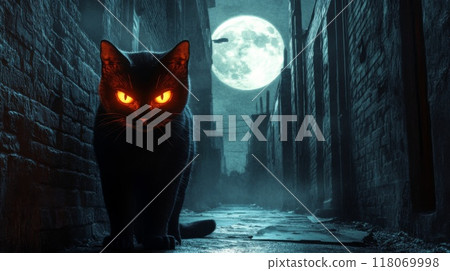 Black Cat with Glowing Eyes in a Moonlit Alleyway - Stock Illustration ...