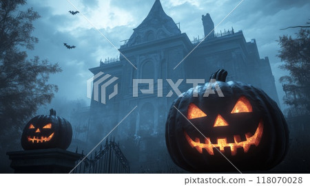 Haunted Mansion with Jack-o'-Lanterns and Bats on a Foggy Night 118070028