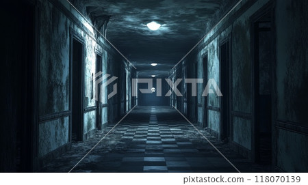 A Creepy, Dark Hallway With Spooky Lights and Moldy Walls 118070139
