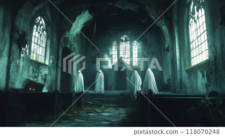 Three Ghostly Figures in a Decaying Church Three Ghostly Figures in a Decaying Church 118070248