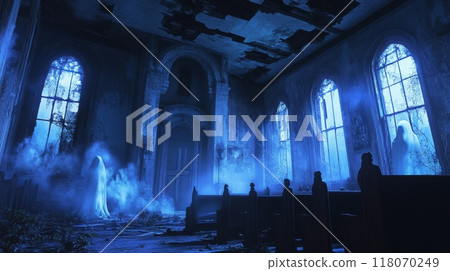 Ethereal Ghosts Haunt a Decaying Church Interior 118070249