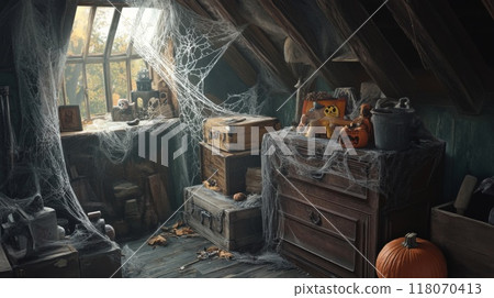 Dusty Attic with Cobwebs and Halloween Decor 118070413