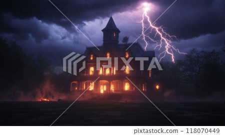 Haunted Victorian Mansion Lit by Lightning in a Stormy Night 118070449