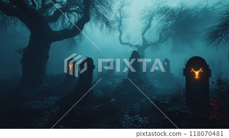 Eerie Graveyard with Glowing Tombstones in Foggy Night 118070481