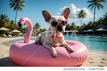 French bulldog relaxing on a pink flamingo lifebuoy, resort and pool in the background 118070560