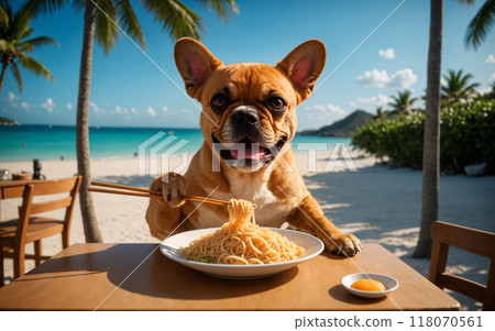 French bulldog eats noodles with bamboo chopsticks. Tropical beach in the background. 118070561