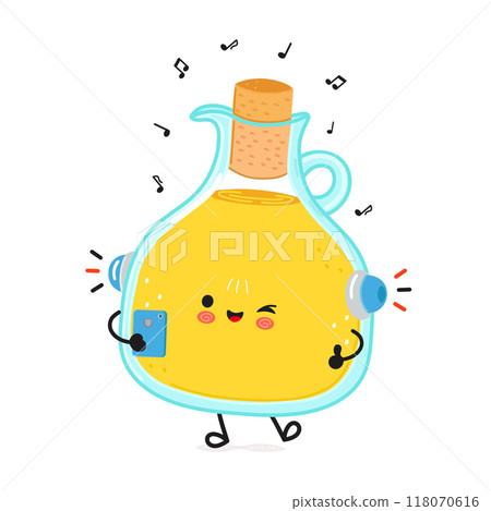 Olive oil listens to music on headphones with a smartphone. Vector hand drawn cartoon kawaii character illustration icon. Isolated on white background. Olive oil character concept 118070616