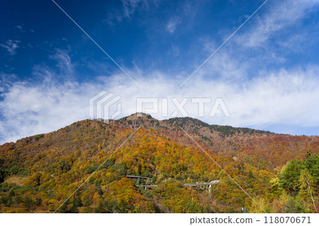 《滑雪場的秋天》平湯溫泉滑雪場周圍鮮豔的秋葉 118070671