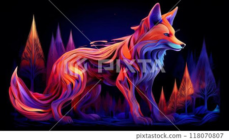 森林背景上帶有火焰圖案的觸摸毛皮的抽象狐狸，非常適合自然和動物主題 118070807