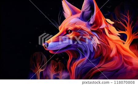 森林背景上帶有火焰圖案的觸摸毛皮的抽象狐狸，非常適合自然和動物主題 118070808