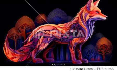 森林背景上帶有火焰圖案的觸摸毛皮的抽象狐狸，非常適合自然和動物主題 118070809