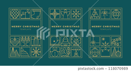 Line luxury christmas invitation, card, flyer, art deco design. Xmas simple vector template with tree, bauble ball, snowflake icons. 118070989