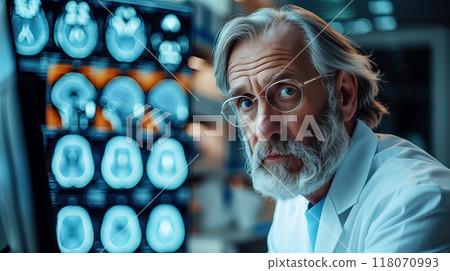 An elderly neuroscientist examines detailed brain scans displayed on a digital screen in a modern neuroscience laboratory An elderly neuroscientist examines detailed brain scans displayed on a digital screen in a modern neuroscience laboratory 118070993