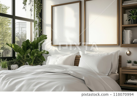 Modern Bedroom with Wooden Frames and Indoor Plants 118070994