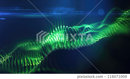 A green, glowing particle wave forms a dynamic curve, suggesting energy, sound, or data visualization on a dark background 118071009