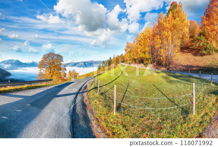 Incredible view of the meadows and mountains around Zell lake or Zeller See Incredible view of the meadows and mountains around Zell lake or Zeller See 118071992