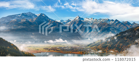 Spectacular view of the city and mountains around Zell lake or Zeller See . Spectacular view of the city and mountains around Zell lake or Zeller See . 118072015