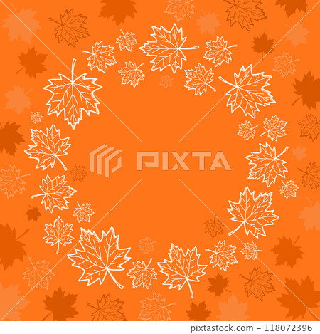 Autumn maple leaves vector wreath on orange background. Autumn hand drawn doodles frame Autumn maple leaves vector wreath on orange background. Autumn hand drawn doodles frame 118072396