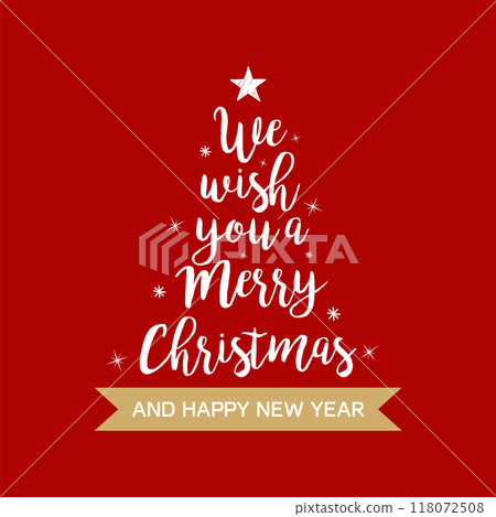 We wish you a Merry Christmas and Happy New Year calligraphy text for greeting cards. Stylised Christmas tree on a red background. We wish you a Merry Christmas and Happy New Year calligraphy text for greeting cards. Stylised Christmas tree on a red background. 118072508