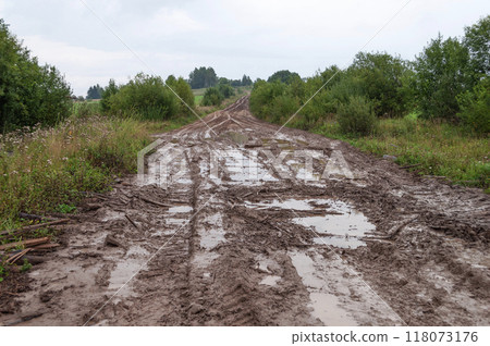 Messy dirt road after rain Messy dirt road after rain 118073176