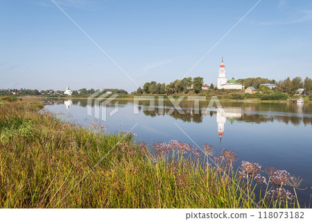 Riverbank of Sukhona river in russian Totma town 118073182
