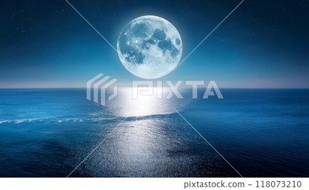 Seascape painting of a starry sky and full moon reflected on the sea surface 118073210