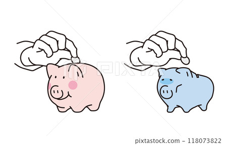 A simple illustration of putting a coin into a piggy bank 118073822