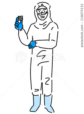 Simple line drawing of a worker holding a semiconductor part 118074132