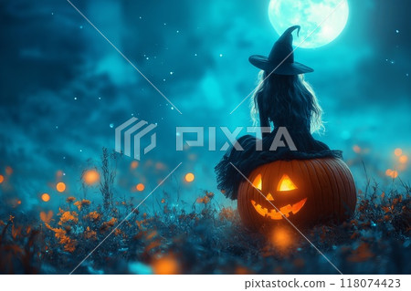 Halloween carved pumpkin and witch sitting on it on the background of the full moon, copy space 118074423