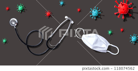 Stethoscope and mask with coronavirus theme Stethoscope and mask with coronavirus theme 118074562