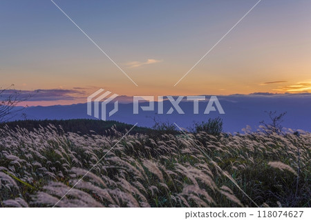 夕陽下的山巒與蒲葦的合作場景 118074627