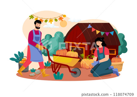 The couple is preparing pumpkins for Thanksgiving Day The couple is preparing pumpkins for Thanksgiving Day 118074709