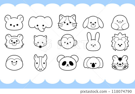 Simple line drawing illustrations of the faces of various animals 118074790