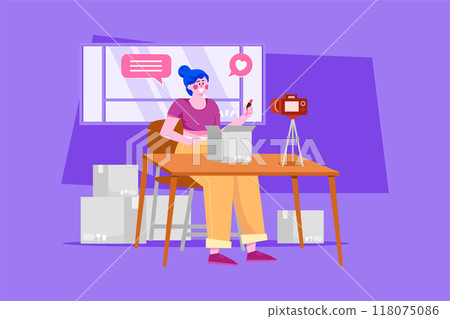 Woman doing a product unboxing video Woman doing a product unboxing video 118075086