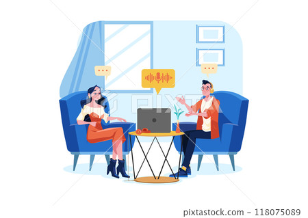 Friends talking while having podcast 118075089