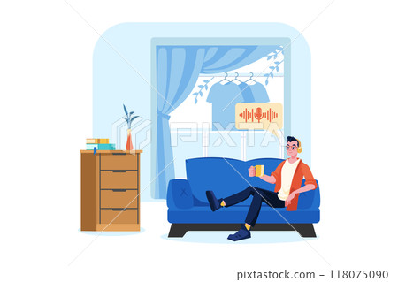 Man listening to the podcast while sitting on a couch Man listening to the podcast while sitting on a couch 118075090