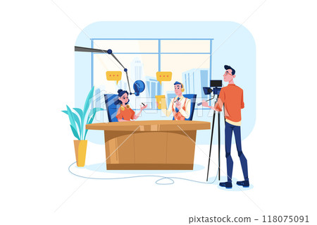 Man and woman recording a podcast conversation Man and woman recording a podcast conversation 118075091